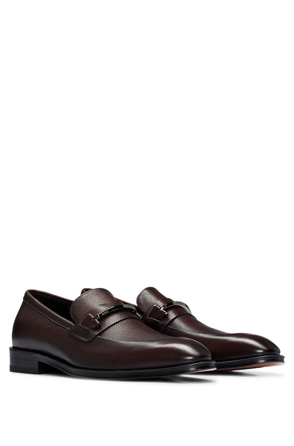 Grained-leather loafers with branded trim and apron toe, Dark Brown