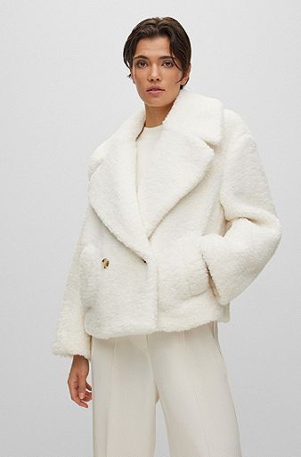 Oversize-fit coat in faux teddy fabric, White
