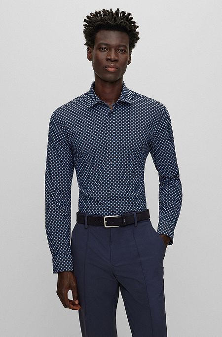 Regular-fit shirt in printed performance-stretch fabric, Dark Blue