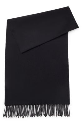 Hugo Boss Pure-wool Scarf With Embroidered Logo And Fringing In Black