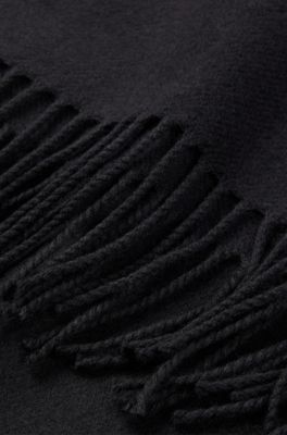 Pure-wool scarf with embroidered logo and fringing, Black