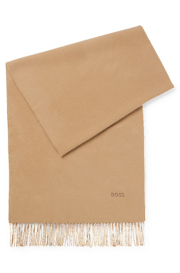 Pure-wool scarf with embroidered logo and fringing, Beige