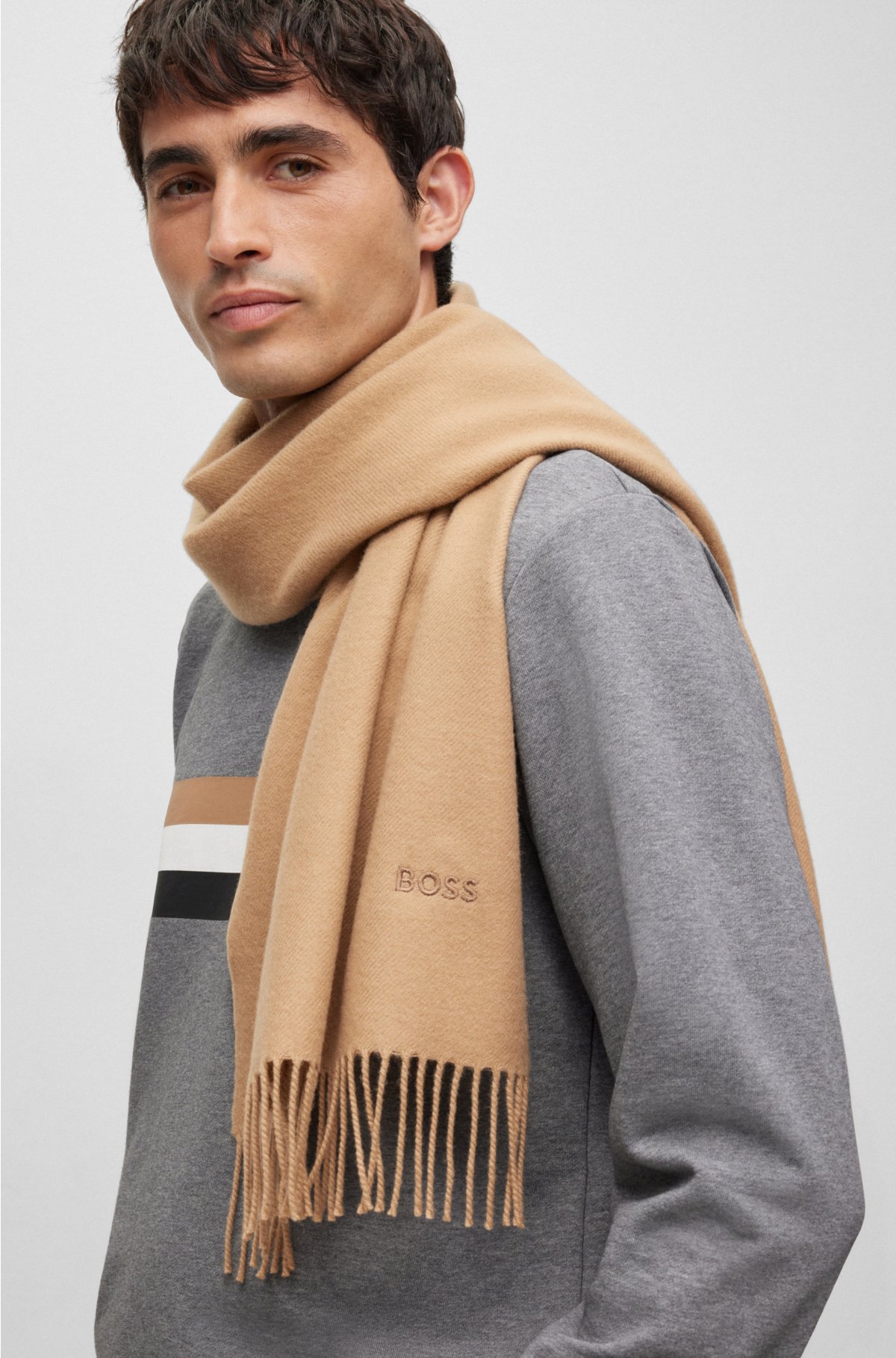 Pure-wool scarf with embroidered logo and fringing, Beige