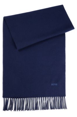 Hugo Boss Pure-wool Scarf With Embroidered Logo And Fringing In Dark Blue