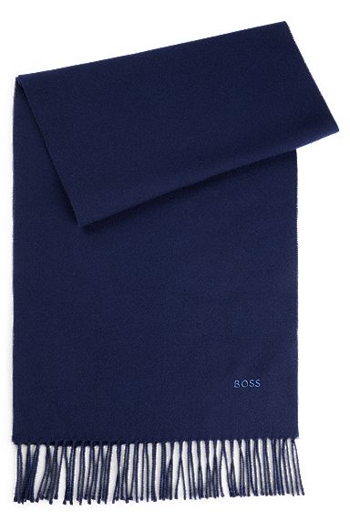 Écharpe en laine pure avec logo brodé et franges, Bleu foncé