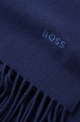 Pure-wool scarf with embroidered logo and fringing, Dark Blue