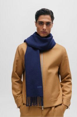 BOSS Pure-wool scarf with embroidered logo and fringing Dark Blue