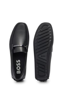 BOSS - Grained-leather moccasins with branded trim