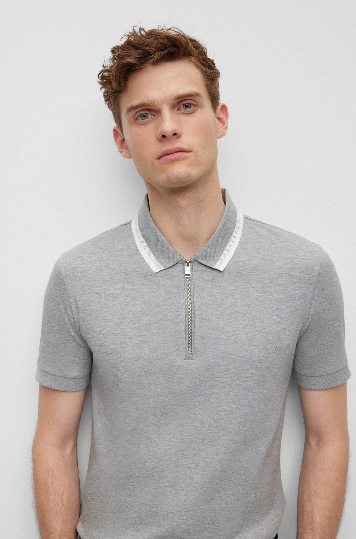 BOSS - Slim-fit polo shirt in cotton with zipper neck