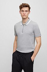 Slim-fit polo shirt in cotton with zipper neck, Silver
