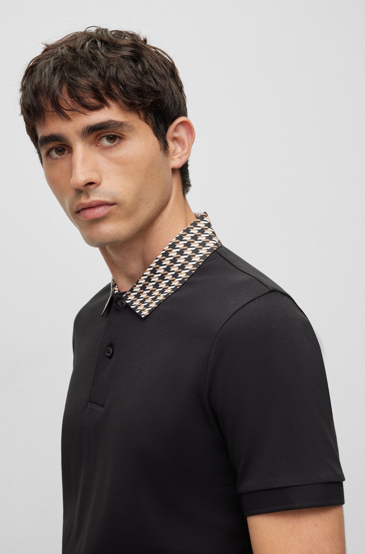 BOSS - Cotton-jersey polo shirt with houndstooth collar