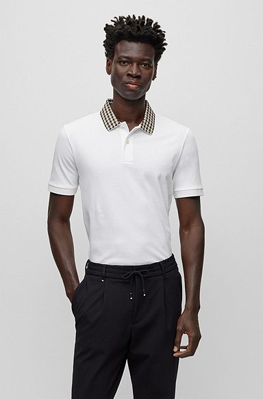 Polo en jersey de coton avec col à motif pied-de-poule, Blanc
