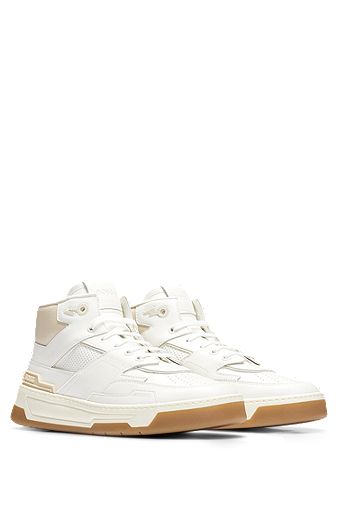 Mixed-material trainers with real and faux leather, White