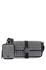 Crystal-studded faux-suede crossbody bag with mini pouch, Black