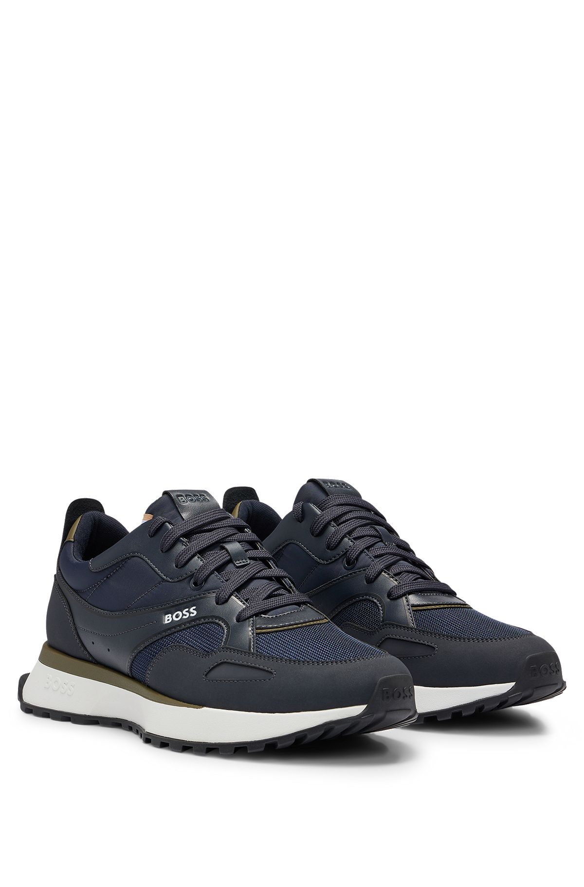 Mixed-material trainers with faux-leather trims, Dark Blue