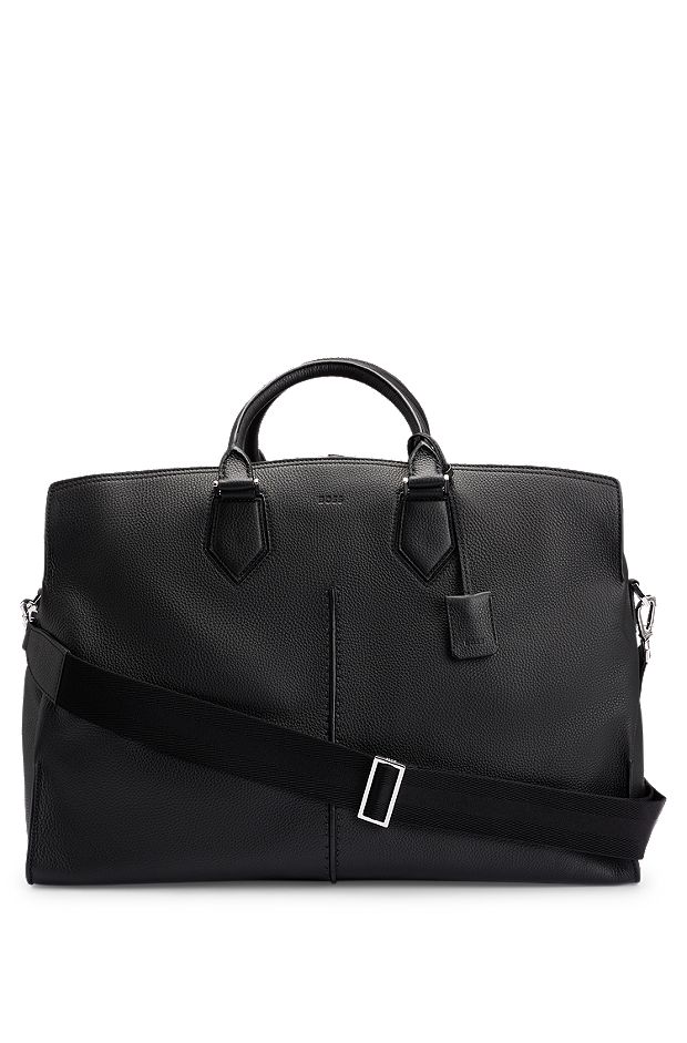 Holdall in grained Italian leather with embossed logo, Black