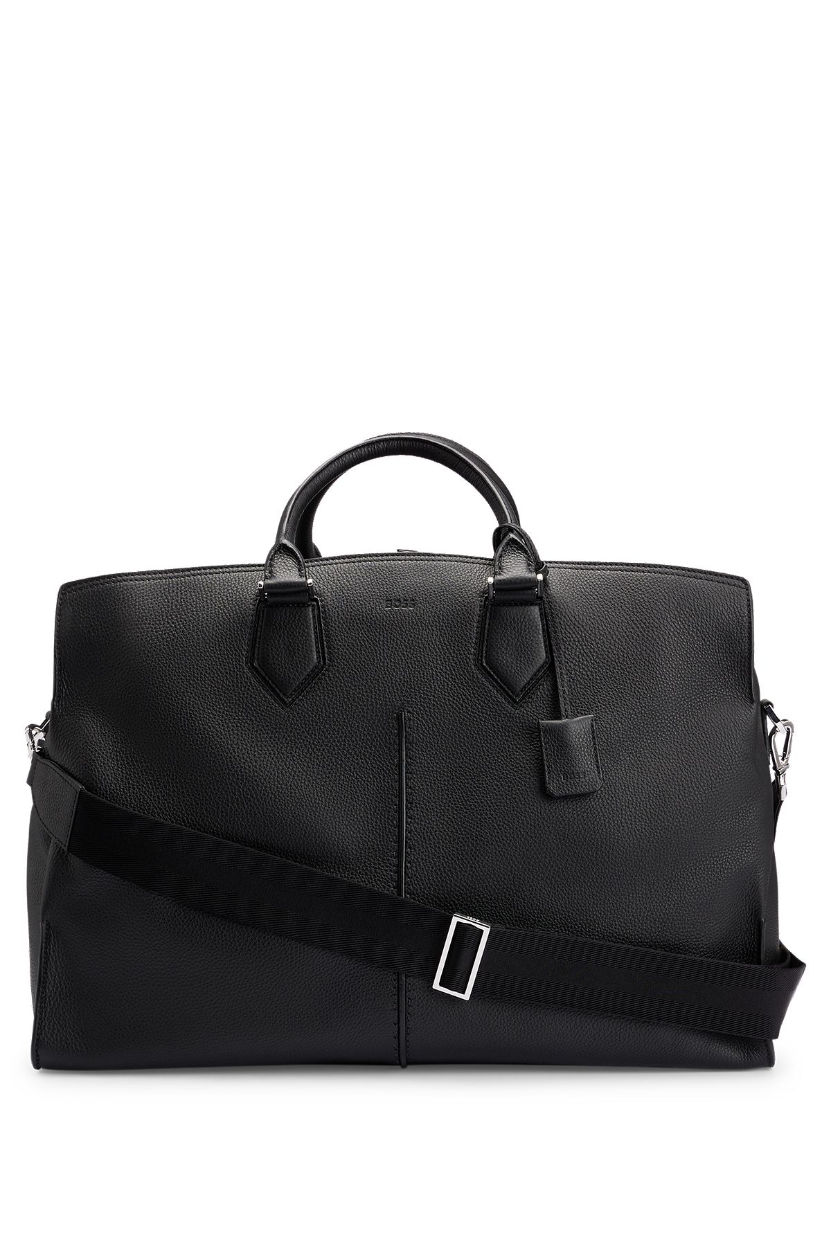 Holdall in grained Italian leather with embossed logo, Black