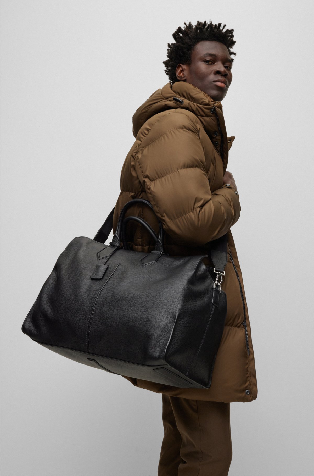 BOSS - Holdall in grained Italian leather with embossed logo