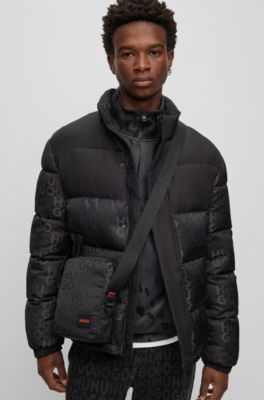 Stacked-logo-pattern reporter bag with branded rubber patch, Black