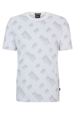 Hugo Boss Monogram-jacquard T-shirt In Mercerized Stretch Cotton In White