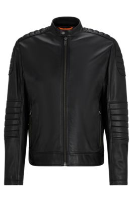 Hugo Boss Regular-fit Jacket In Lamb Leather With Quilting Detail In Black