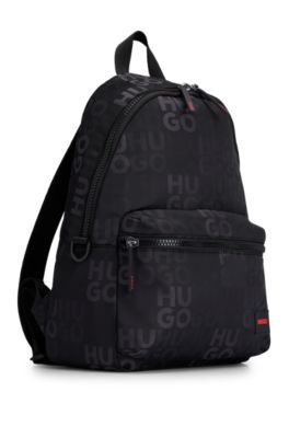 Stacked-logo-pattern backpack with branded rubber patch, Black