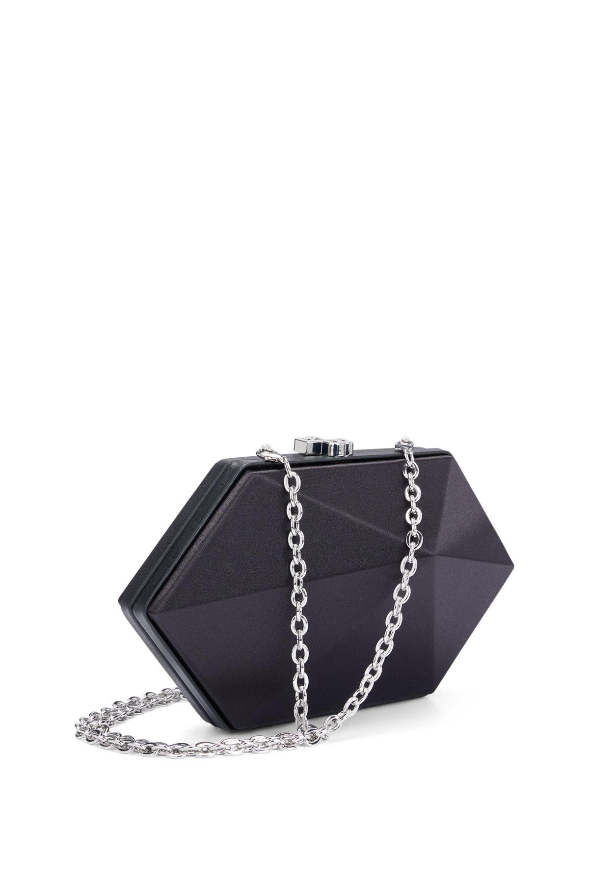 Satin clutch bag with detachable chain strap, Black