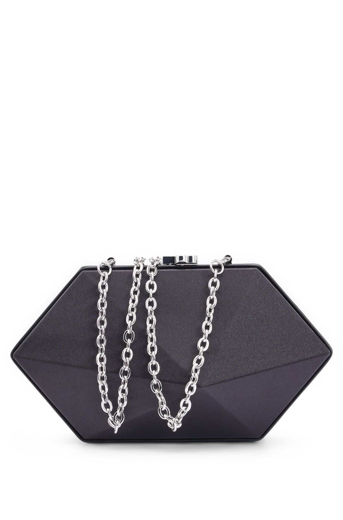 Satin clutch bag with detachable chain strap, Black