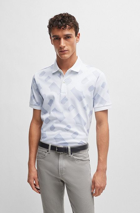 Monogram-jacquard polo shirt in mercerized stretch cotton, White