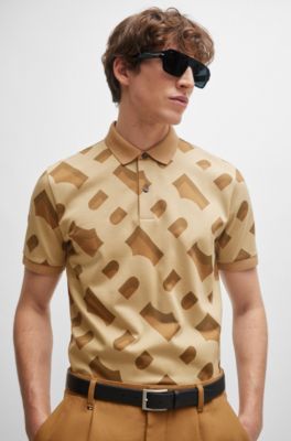 Monogram-jacquard polo shirt in mercerized stretch cotton, Beige
