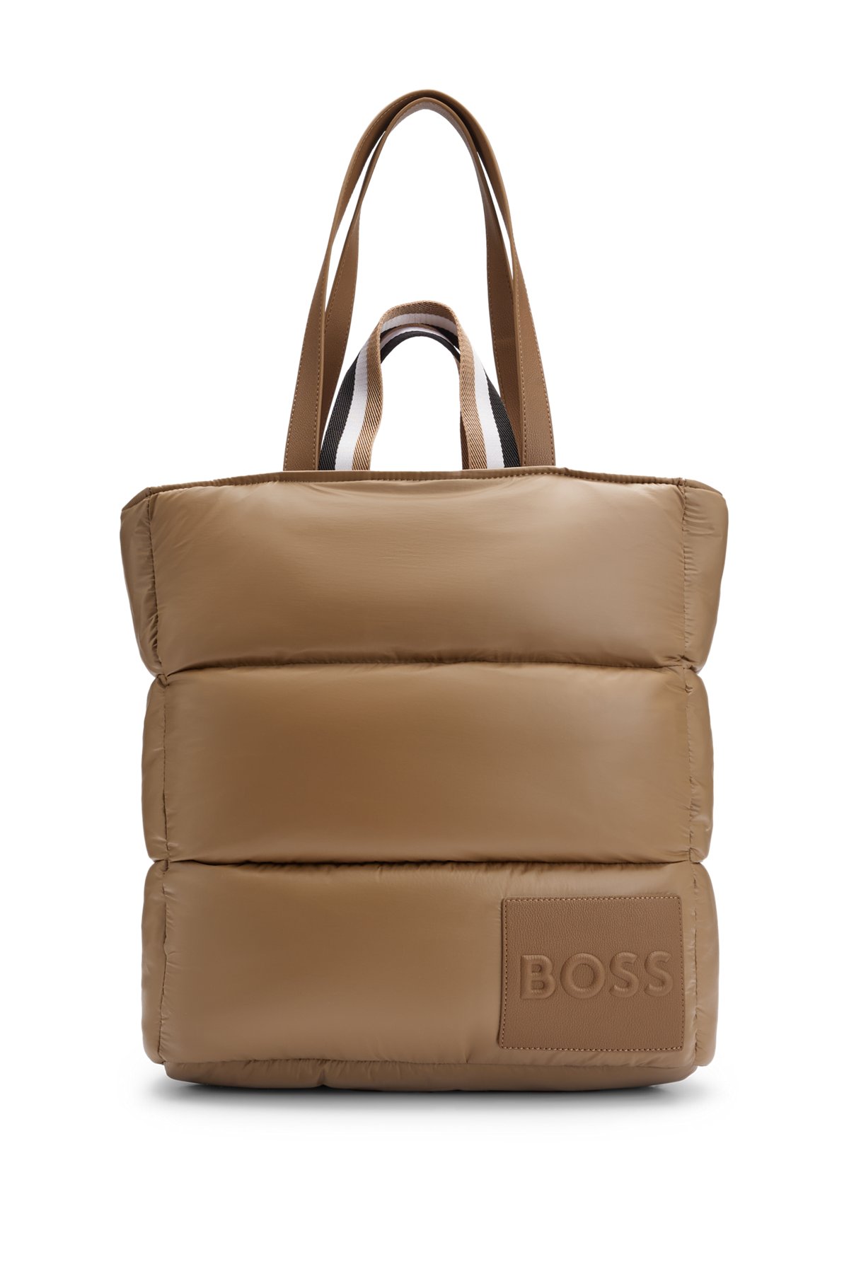 Padded tote bag with embossed-logo patch, Beige