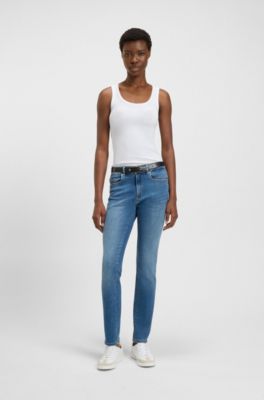 Camiseta sin mangas slim fit de algod&oacute;n el&aacute;stico con estructura de canal&eacute;, Blanco