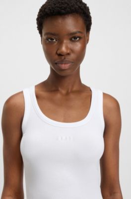 Camiseta sin mangas slim fit de algod&oacute;n el&aacute;stico con estructura de canal&eacute;, Blanco