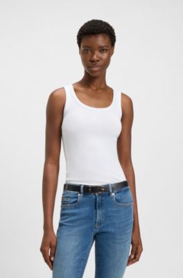 Camiseta sin mangas slim fit de algod&oacute;n el&aacute;stico con estructura de canal&eacute;, Blanco