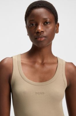 Camiseta sin mangas slim fit de algod&oacute;n el&aacute;stico con estructura de canal&eacute;, Marr&oacute;n