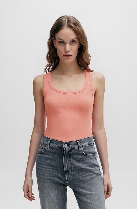 Camiseta sin mangas slim fit de algodón elástico con estructura de canalé, Naranja claro