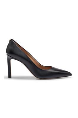 High-heeled pumps in leather with pointed toe, Black