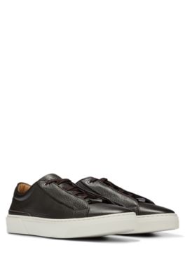 Hugo Boss Grained-leather Trainers With Contrasting Details In Dark Brown