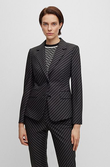Single-breasted jacket in striped stretch wool, Black