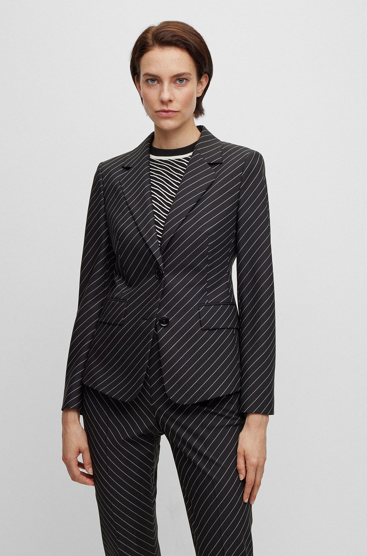 Single-breasted jacket in striped stretch wool, Black