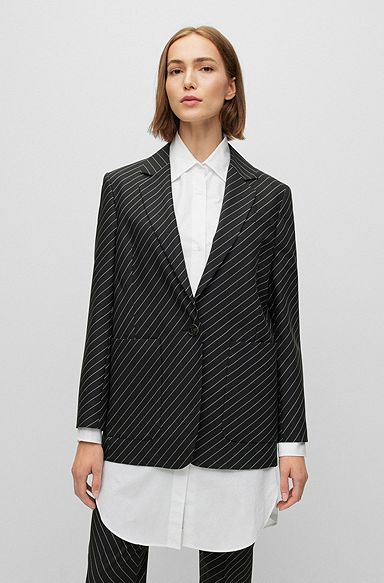 Oversize-fit jacket in striped stretch wool, Black