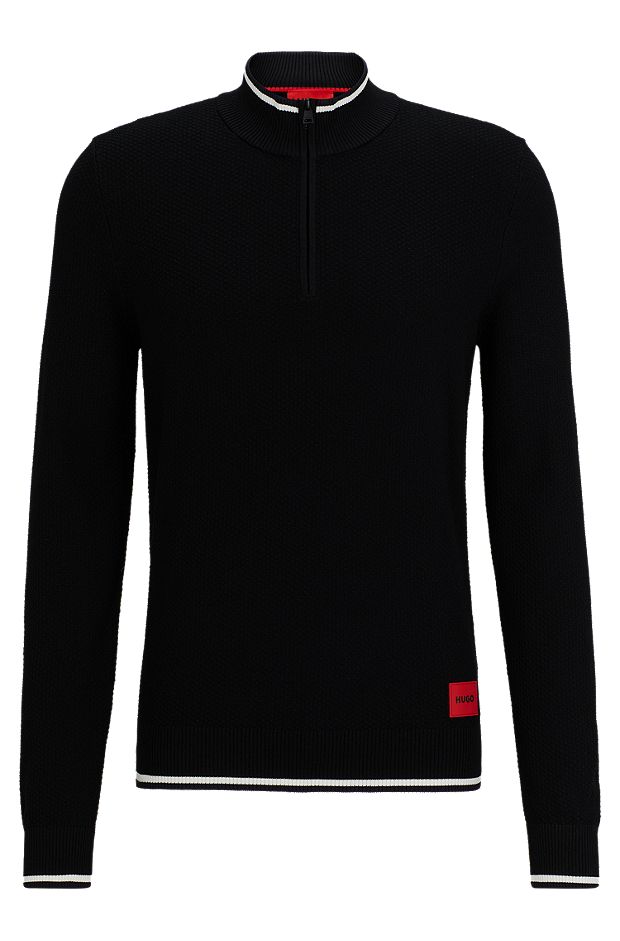 Zip-neck sweater with red logo label, Black