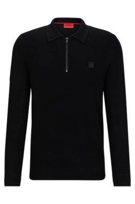 Hugo Zip-neck Polo Sweater With Stacked-logo Badge In Black
