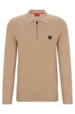 Shop Hugo Zip-neck Polo Sweater With Stacked-logo Badge In Beige