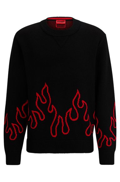 Relaxed-fit sweater with flame jacquard in wool blend, Black