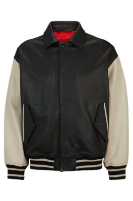 Shop Hugo Leather Varsity Jacket With Oversize Embossed Logo In Black