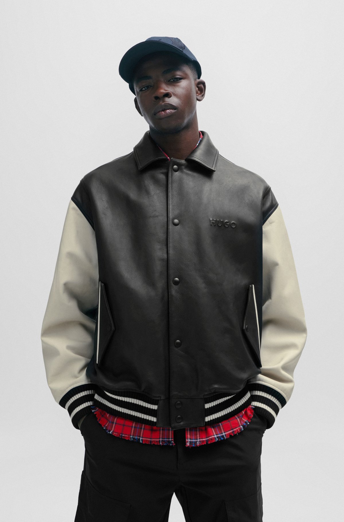 HUGO - Leather varsity jacket with oversize embossed logo