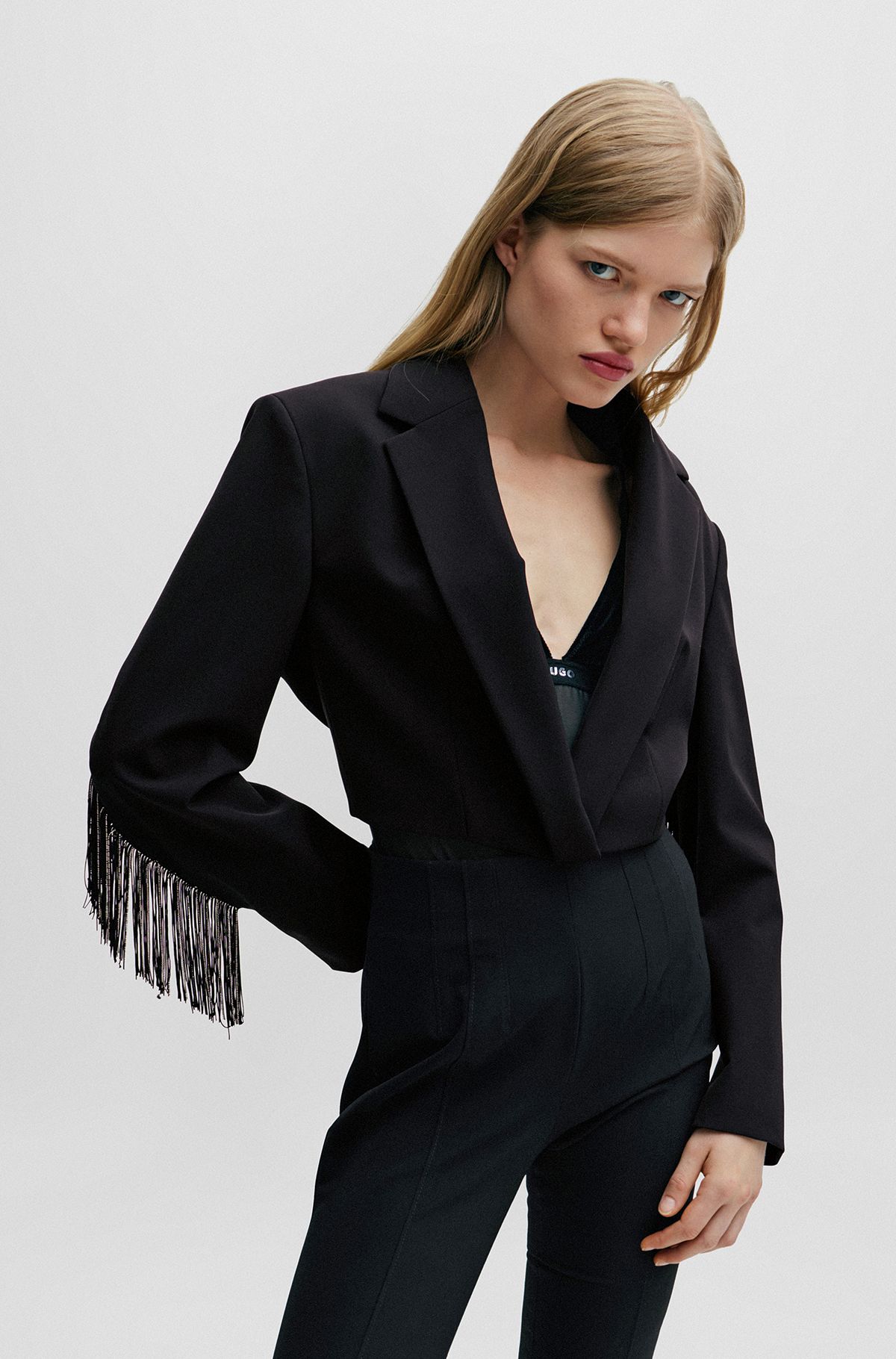 Cropped regular-fit jacket with fringe trims, Black