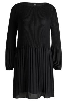 Shop Hugo Boss Regular-fit Dress With Pliss Pleats And Crew Neckline In Black
