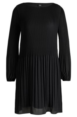 Hugo Boss Regular-fit Dress With Pliss Pleats And Crew Neckline In Black